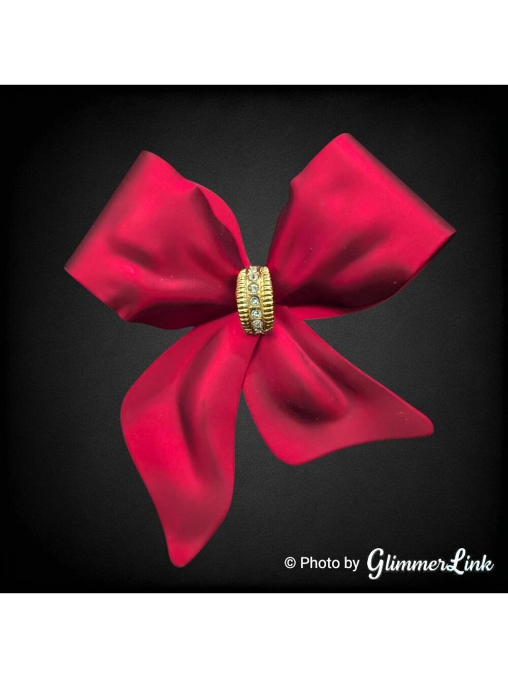 Vintage In-Vest-Ments Red Bow Brooch Satin Look Rhinestone Holiday Pin Box